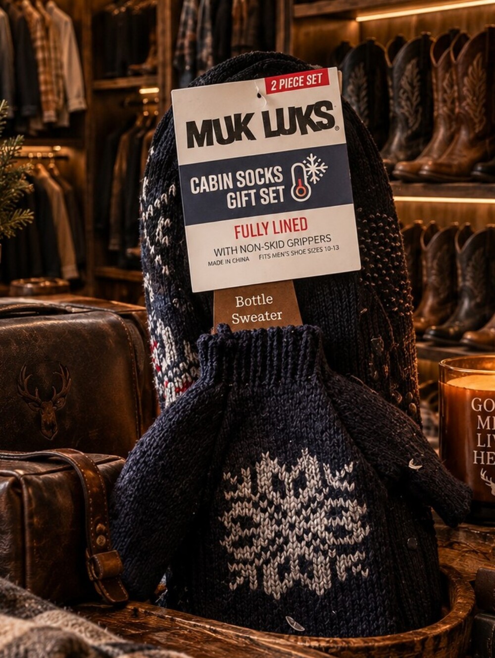 Muk Luks Navy Cabin Socks Gift Set with Snowflake Pattern